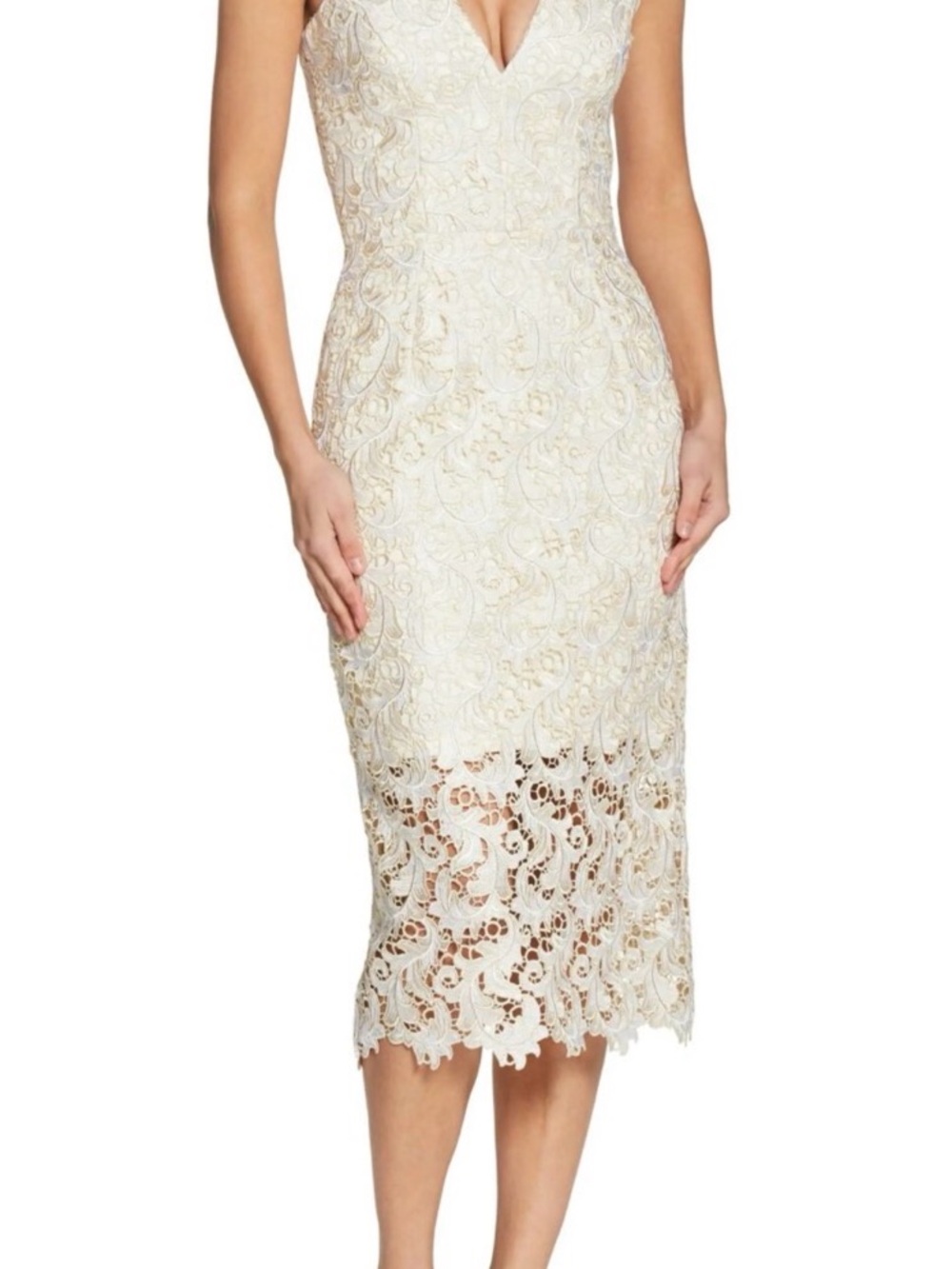 Dress the Population Ivory Lace Midi Dress with V-Neck